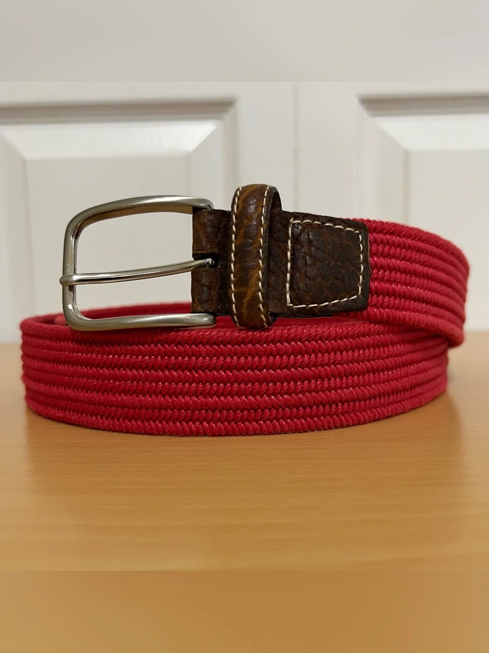 Vtg Made in USA ORVIS Men's Red Cotton Braided Belt with Leather Trim Size 40